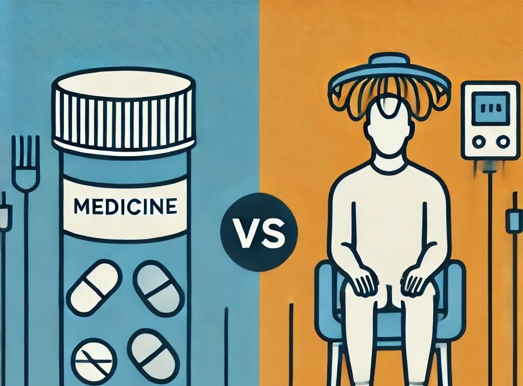 A minimalistic split-screen image comparing medicine and transcranial magnetic stimulation (TMS) for depression treatment. On the left_ a simple icon