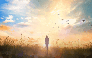 A person standing in a field facing a sunrise, birds flying in the distance