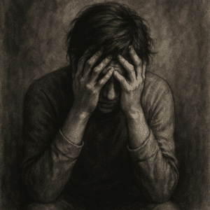 Dark sketch of person leaned forward with head in hands.