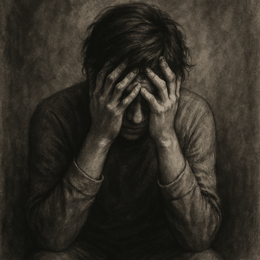 Dark sketch of person leaned forward with head in hands.