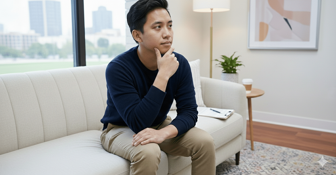 A man sitting on a couch appears thoughtful.