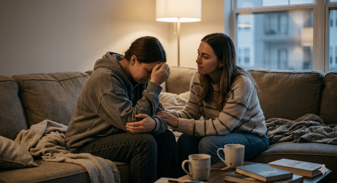 A woman cares for a friend next to her on the couch.